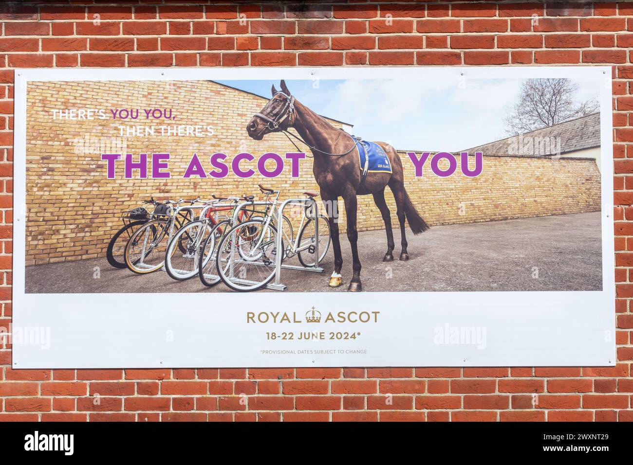 Große Werbung für das Royal Ascot Pferderennen im Juni 2024 auf der Ascot Racecourse, Berkshire, England, Großbritannien Stockfoto