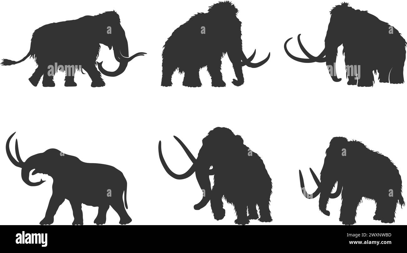 Mammut Silhouetten, Woolly Mammut Silhouette, Mammut Silhouette, Mammut Vektor Illustration Stock Vektor
