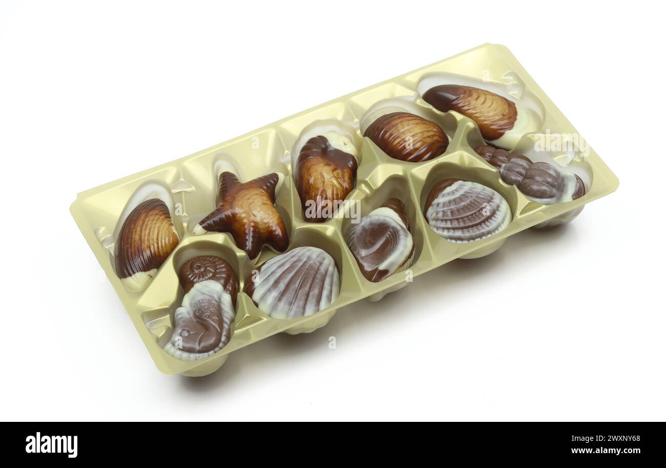 Pralinekollektion in Muschelform. Schokolade Meeresfrüchte in Plastikverpackung isoliert auf weißem Hintergrund Stockfoto