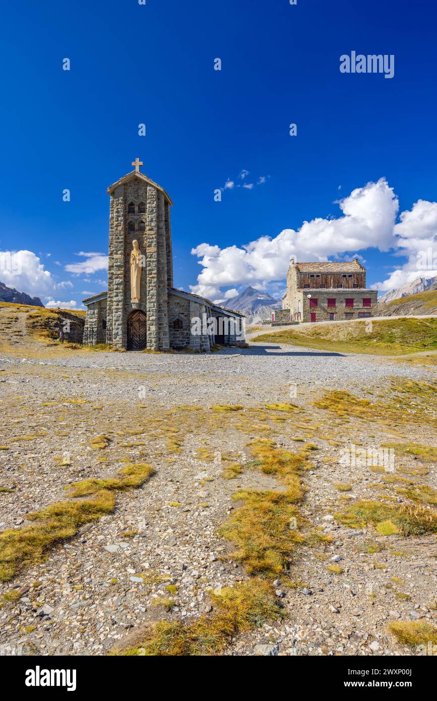 Chapelle Notre-Dame de l'Iseran oder Notre-Dame-de-Toute-Prudence, Col de l'Iseran, Savoy, Frankreich Stockfoto