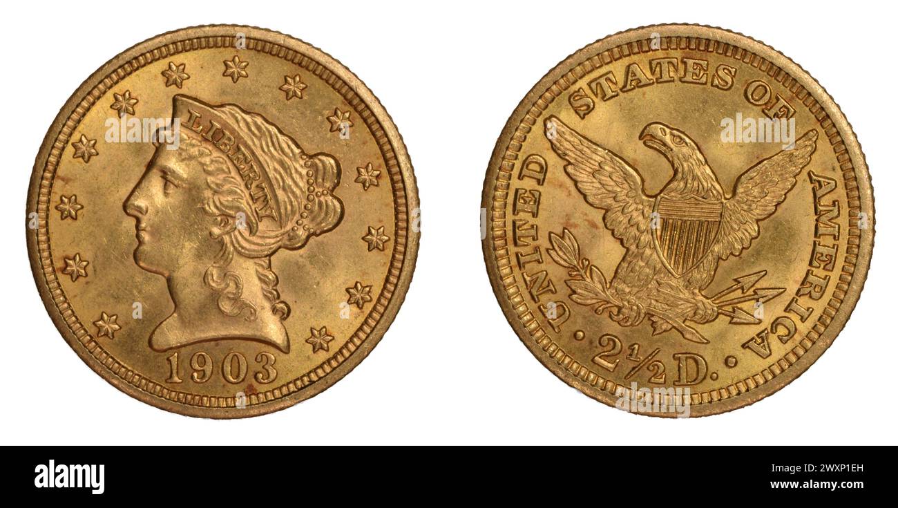 1903 U.S. Liberty Head (auch bekannt als Coronet Head) Quarter Eagle (2,50 $) Goldmünze – Vorderseite und Reverse Composite isoliert auf weiß. Stockfoto