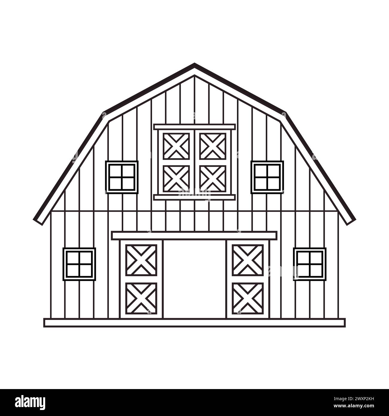 Schwarz-weiße monochrome Holzscheune mit Tor. Isolierte Vektorillustration auf weißem Hintergrund für das Ausmalen von Buch oder Logo Stock Vektor