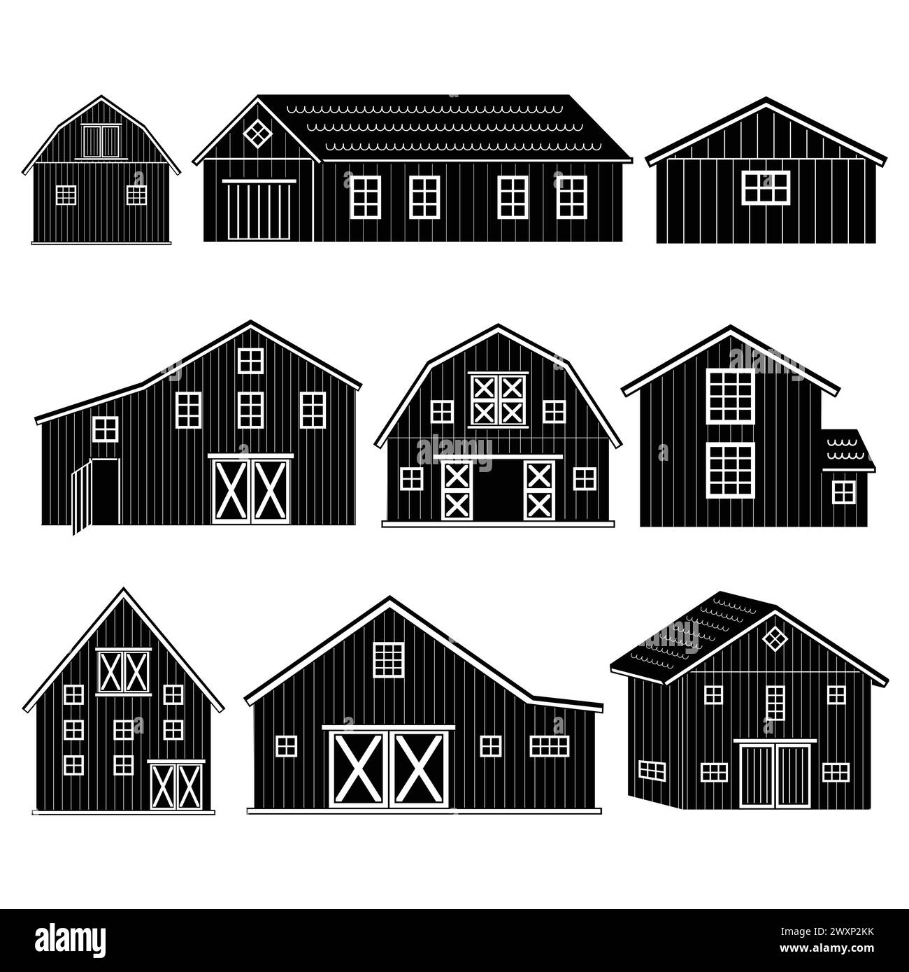 Große Auswahl an schwarzen weißen Holzlagerställen oder Bauernhäusern mit Fenstern und Türen. In der Isolation befinden sich Symbole oder Logos auf weißem Hintergrund Stock Vektor