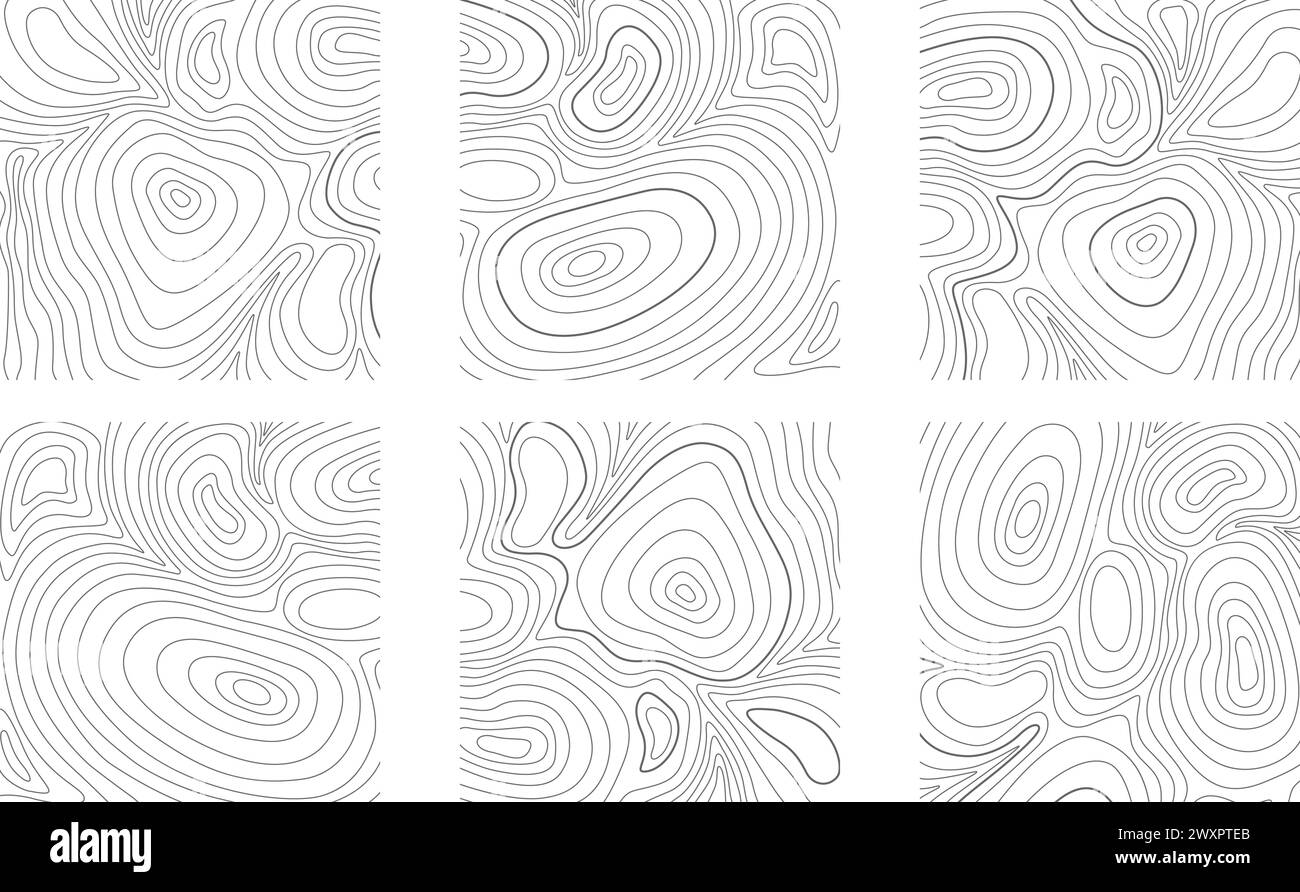 Topografische oder hölzerne Texturen in quadratischer Form. Reliefkontursymbole im handgezeichneten Stil mit Doodle. Grafische Geländeoberflächenstempel isoliert auf weißem Hintergrund. Vektorkontur, Abbildung. Stock Vektor