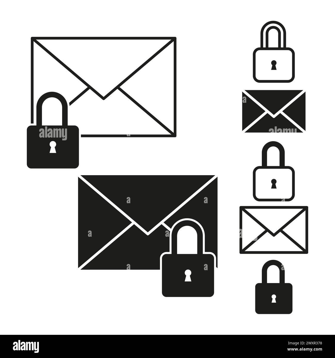 Symbolgruppe für E-Mail-Sicherheit. Umschlag mit Sperrsymbolen. Konzept der sicheren Kommunikation. Schilder zum Schutz der Privatsphäre. Vektorabbildung. EPS 10. Stock Vektor