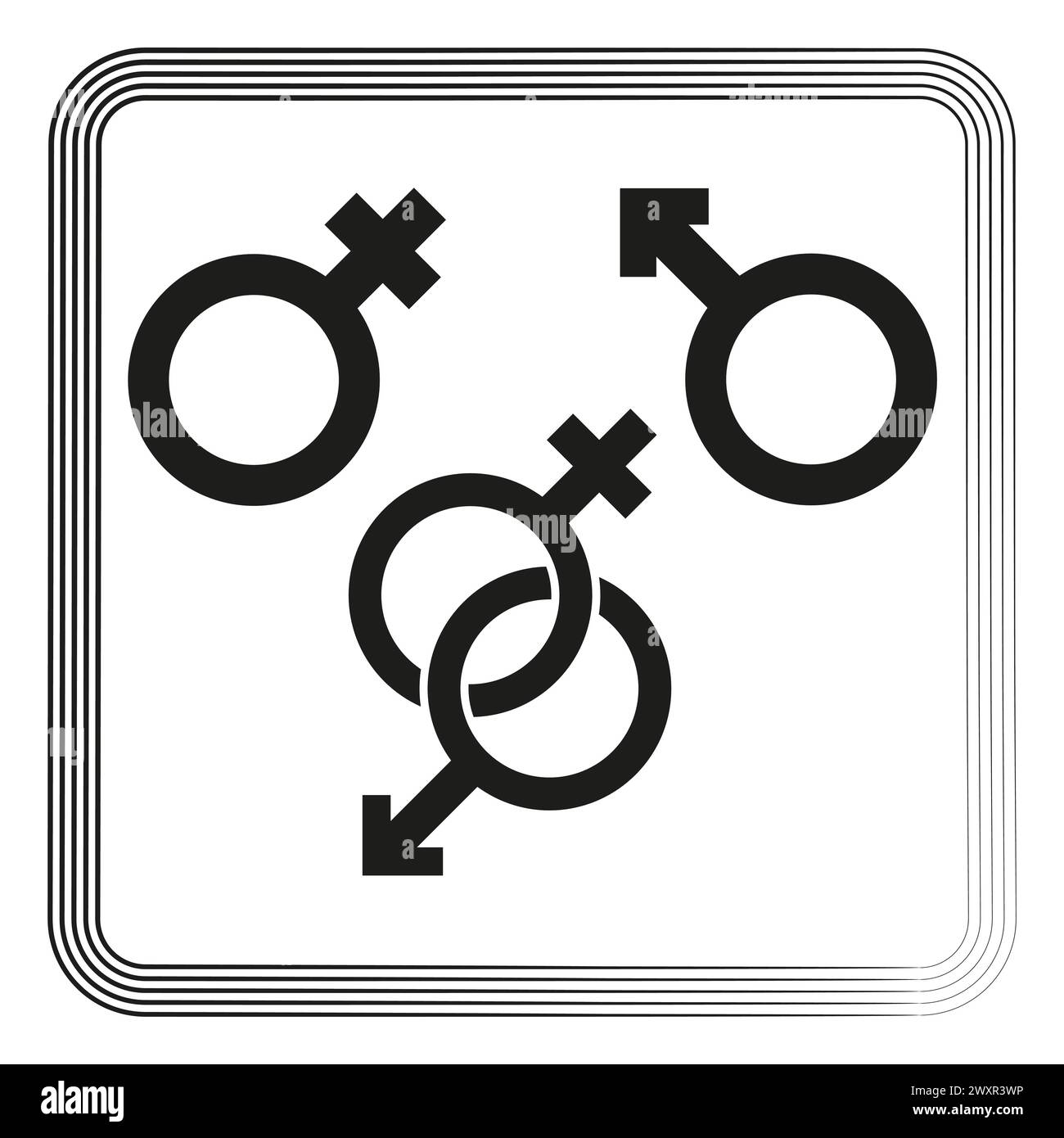 Geschlechtssymbole ineinandergreifen. Männliche und weibliche Zeichen. Gleichstellungskonzept. Vektorabbildung. EPS 10. Stock Vektor