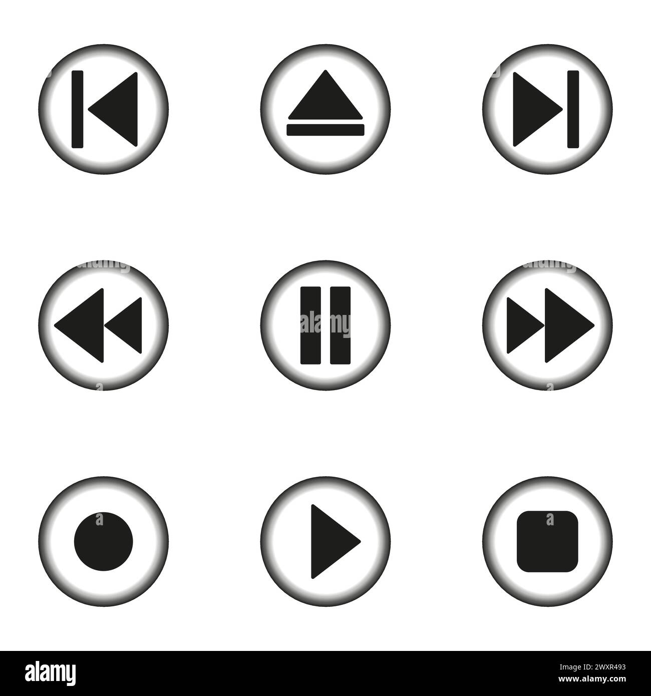 Symbole der Media Player-Taste. Symbole für Multimedia-Bedienelemente. Vektorabbildung. EPS 10. Stock Vektor