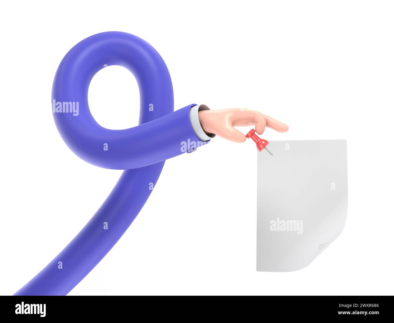Druckstifte aus Papier. Daumen in Hand Mann. Leeres weißes Blatt. Flache 3D-Illustration. Ansage an Pinnwand anhängen. Idee zur Erinnerung. Message.Long auflisten Stockfoto