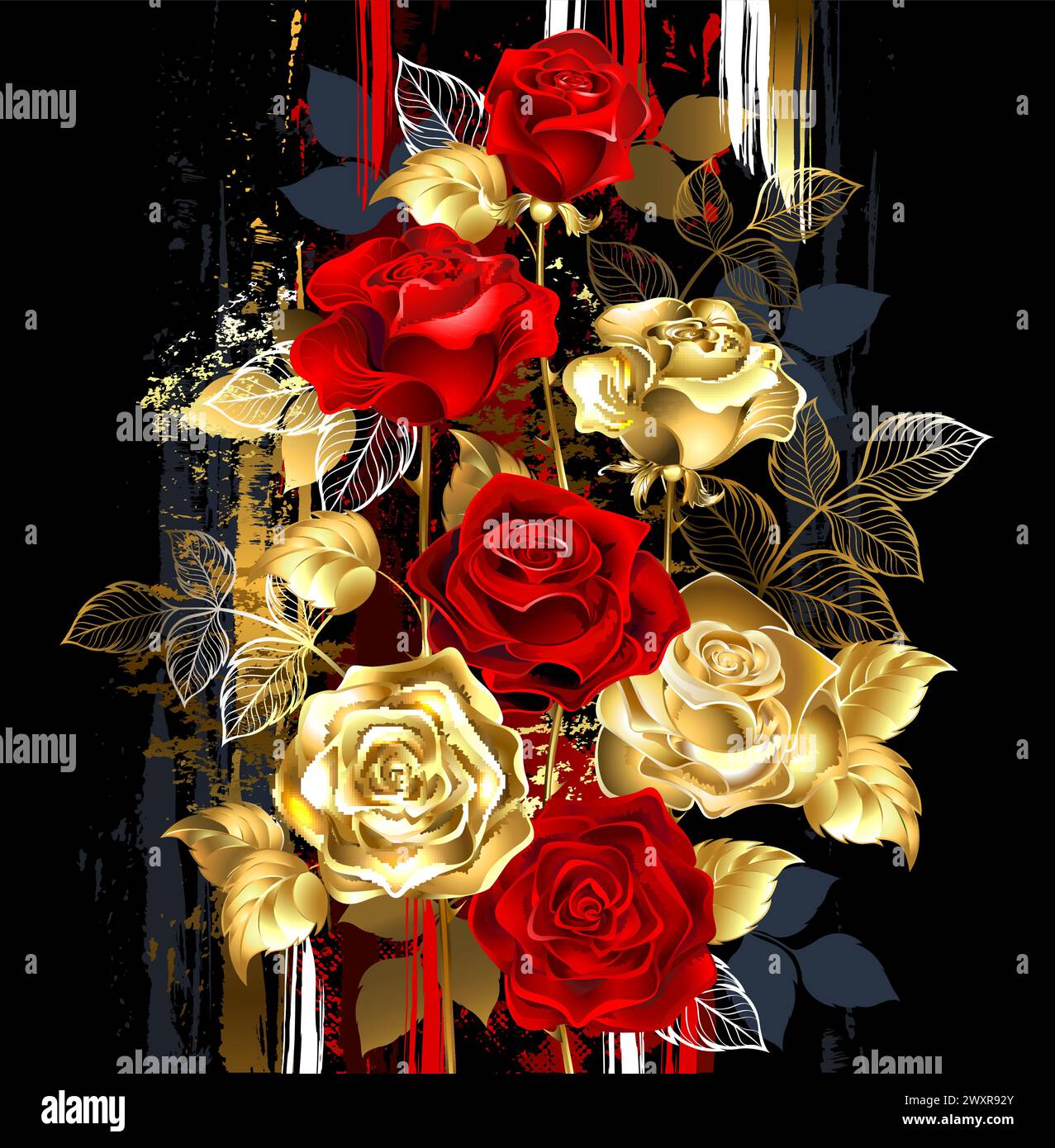 Florale Komposition aus Gold, Schmuck, glänzenden Rosen und roten, blühenden Rosen auf dunklem Hintergrund überstrichen mit großen Farbstrichen. Goldene Rose. Art. P Stock Vektor