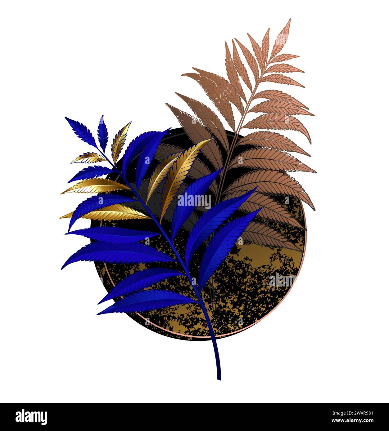 Asymmetrische, ungewöhnliche, florale Komposition aus Gold und Ultramarin, blauer Farnzweig mit schwarzem strukturiertem Kreis auf weißem Hintergrund. Niederlassung Farn. Stock Vektor