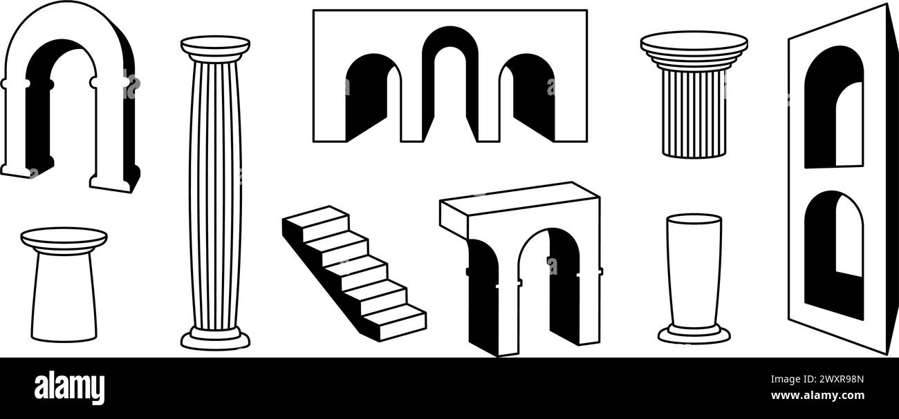 Linienbögen, Säulen und Treppensammlung. Surreales geometrisches Elementset umreißen. Schwarze, kräftige 3D-Bogentüren Säulen, Treppen, Tore bündeln. Trippige Formen für Collage, Poster, Banner, Aufkleber. Vektor Stock Vektor
