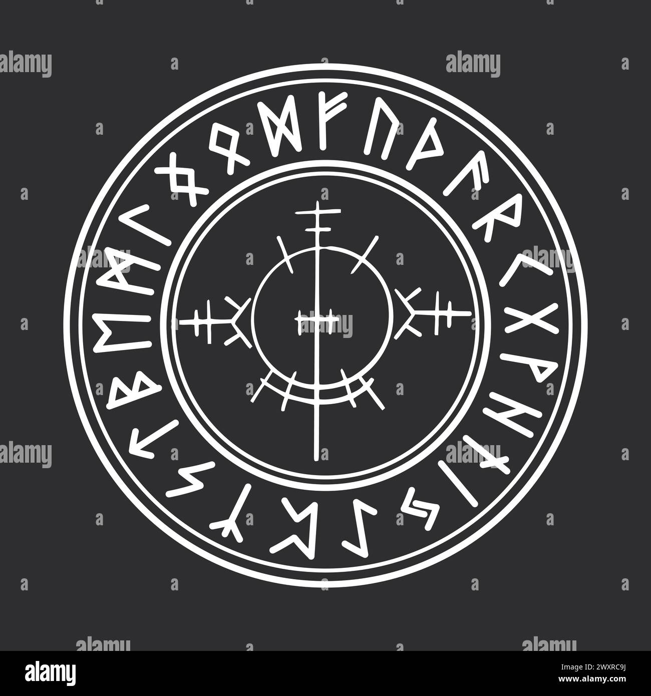 Runenkreis isländischer keltischer wikinger-Talisman Navigation Kompass, Rahmen okkultes Amulett, nordische Schrift isoliert auf dunklem Hintergrund. Vektorabbildung Stock Vektor