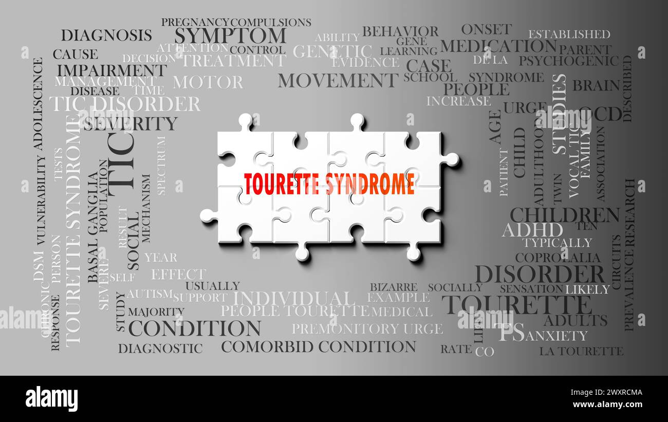 Das Tourette-Syndrom als komplexes Thema, bezogen auf wichtige Themen. Dargestellt als Puzzle und Wortwolke aus den wichtigsten Ideen und Phrasen Stockfoto
