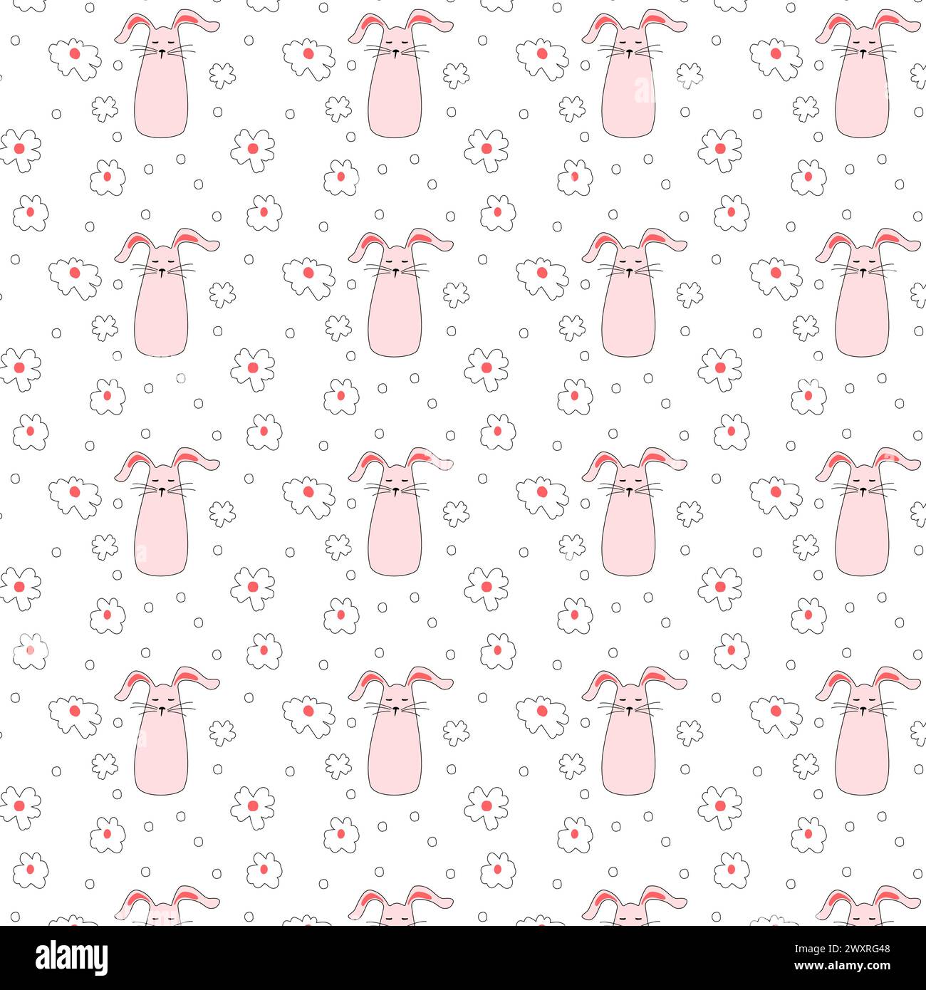 Nahtloses Muster mit rosa Häschen mit Blumen. Osterhasen zum Bedrucken von Kinderprodukten, Stoff und Tapeten auf weißem Hintergrund. Zeichentrickgrafik-Vektor-Illustration. Stock Vektor
