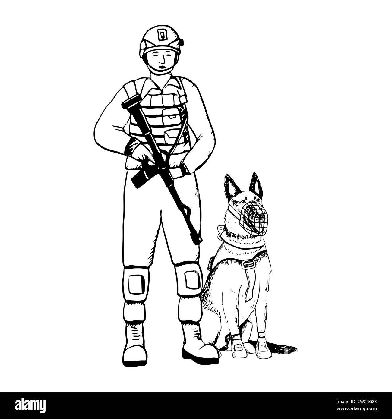 K9-Soldat mit sitzendem Hund des deutschen Hirten Stock Vektor