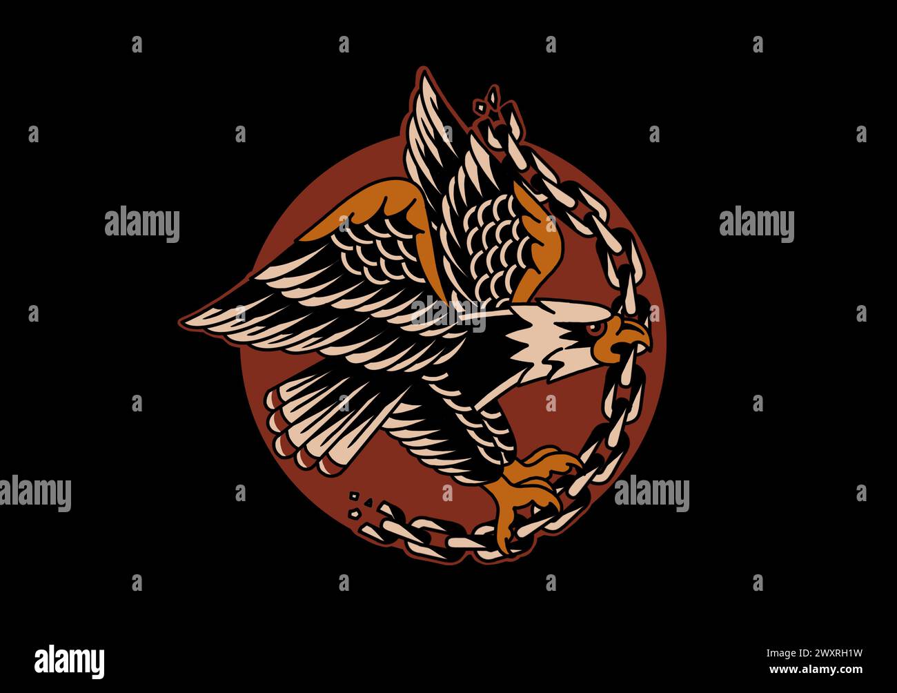 Fliegender Adler mit Grafikdesign und gebrochener Kette Stockfoto