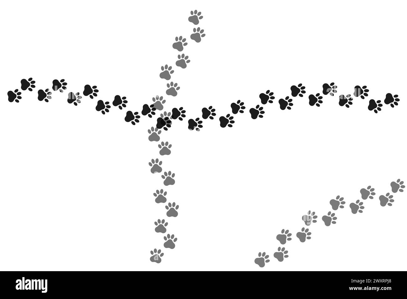 Pfoten drucken Tracks, die sich kreuzen. Tierkreuzungsmuster. Sich schneidende Fußabdrücke. Vektorabbildung. EPS 10. Stock Vektor