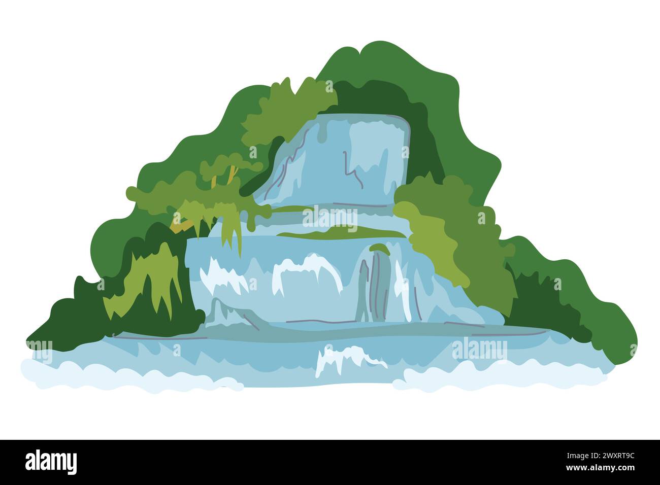 Flache Illustration des Wasserfallvektors. Wasser fließt auf Bergfelsen, wunderschöne Flusskaskade isoliert auf weiß. Tropische Natur, Landschaft mit Grün Stock Vektor