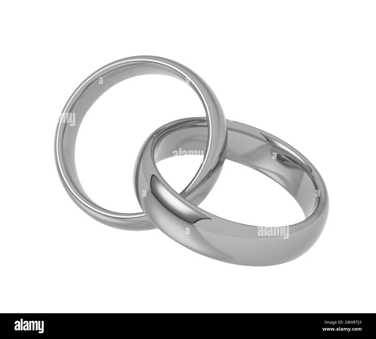 Zwei Eheringe aus Weißgold, Platin oder Silber, 3D-Illustration Stockfoto