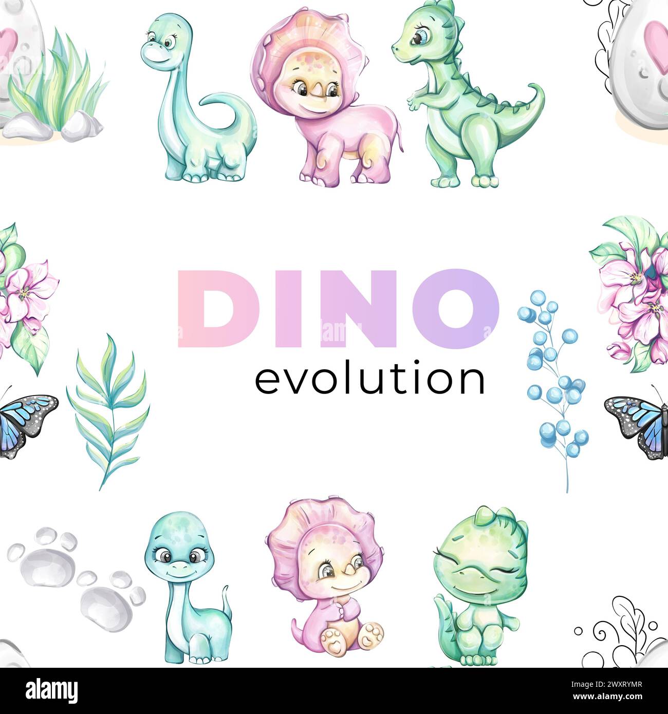 Baby-Dino mit nahtlosem Aquarellmuster, Ei und Mutter für Kinderzimmer. Cartoon und süße Dinosaurier für Druck, Tapete, Stoff Stockfoto