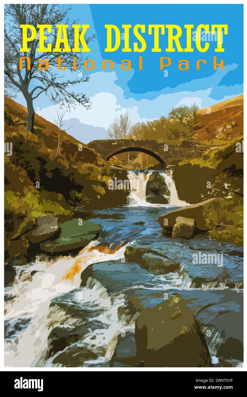 Drei Shire Heads nostalgisches Retro-Reiseposter-Konzept des Peak District National Park, England, Großbritannien im Stil der Work Projects Administration. Stockfoto