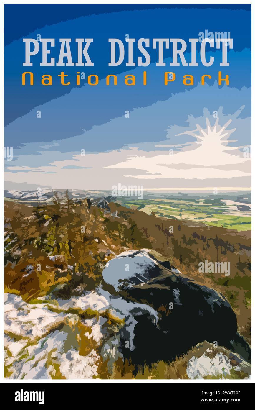 Die Kakerlaken, Staffordshire Nostalgisches Retro-Winterreiseposter-Konzept des Peak District National Park, England, Großbritannien im Stil von Arbeitsprojekten Stockfoto