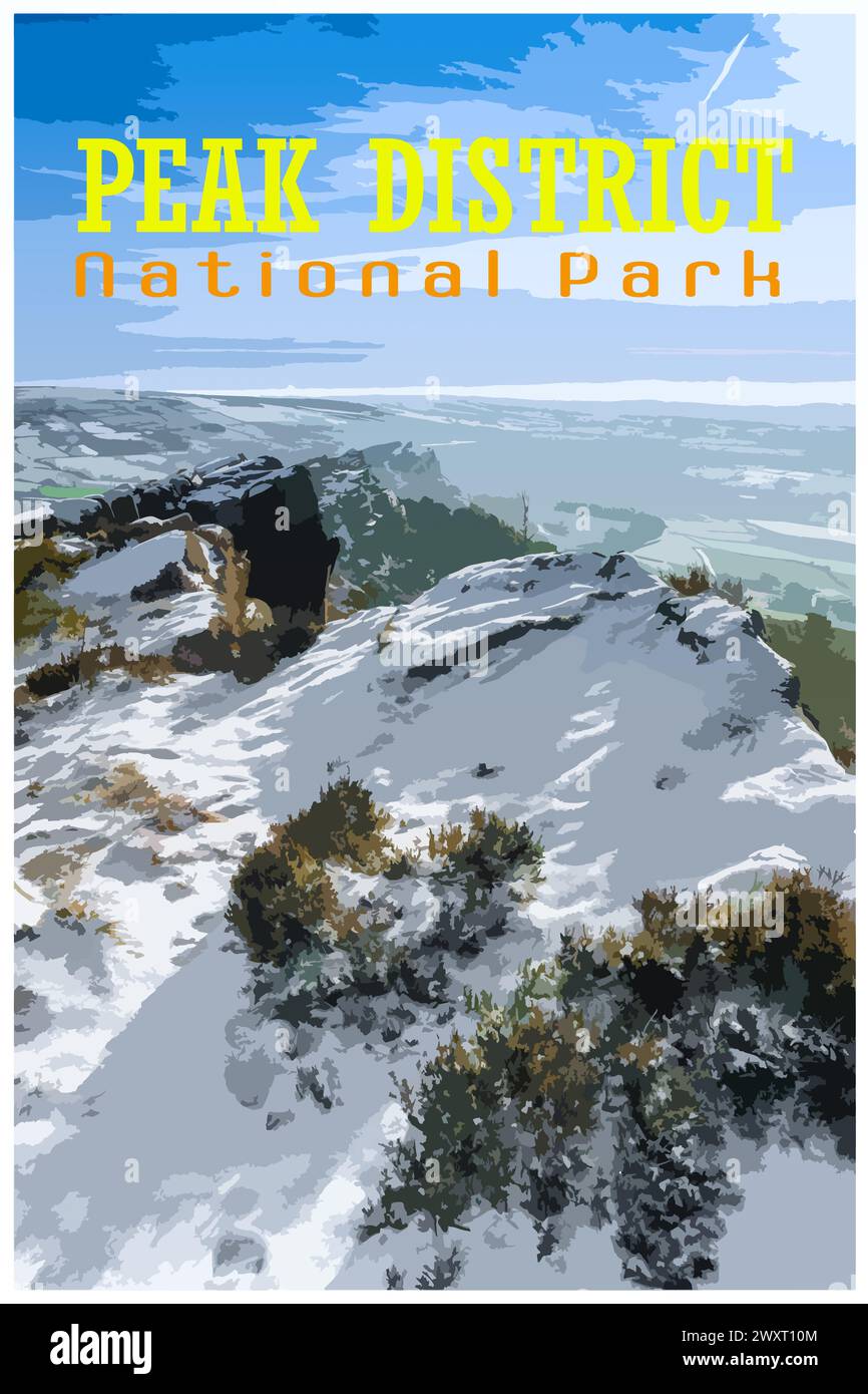 Die Kakerlaken, Staffordshire Nostalgisches Retro-Winterreiseposter-Konzept des Peak District National Park, England, Großbritannien im Stil von Arbeitsprojekten Stockfoto