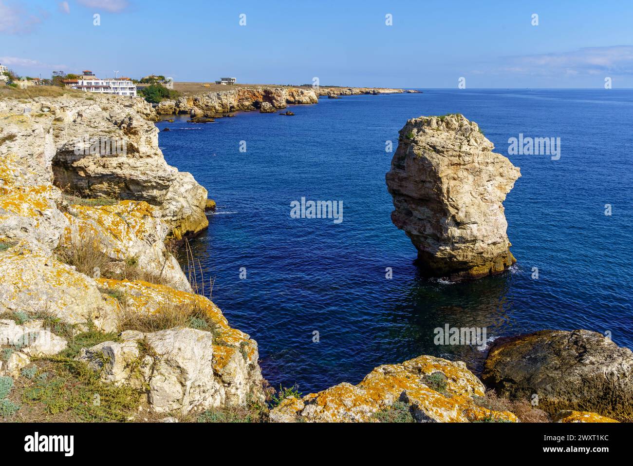 Blick auf die felsigen Klippen an der Küste des Dorfes Tyulenovo im Nordosten Bulgariens Stockfoto