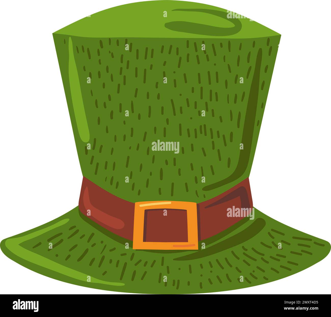 Großer grüner Zylinderhut mit Lederriemen. Kopfschmuck aus Märchenzzwerg Leprechaun, glückliches Patrick-Element. Einfacher Karikaturvektor isoliert auf W Stock Vektor