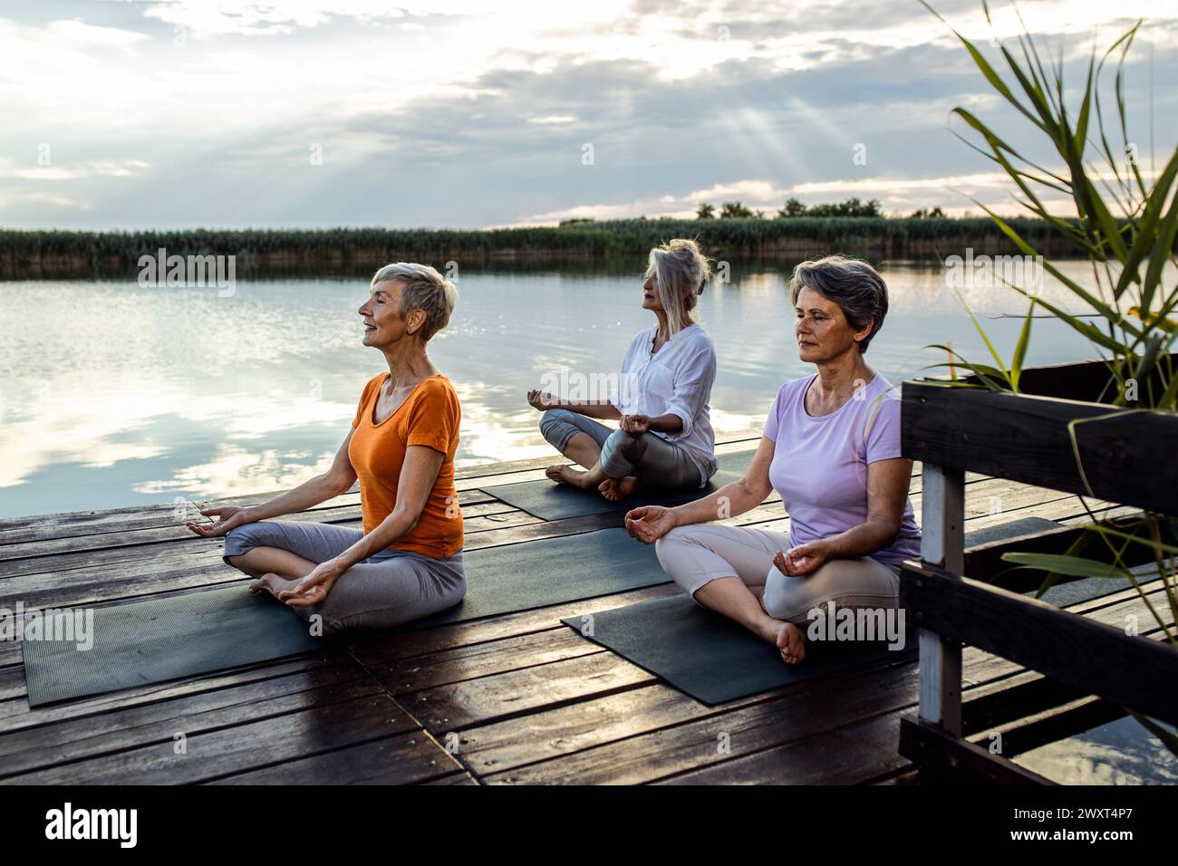 Gruppe von Seniorinnen, die Yoga-Übungen am See machen. Stockfoto