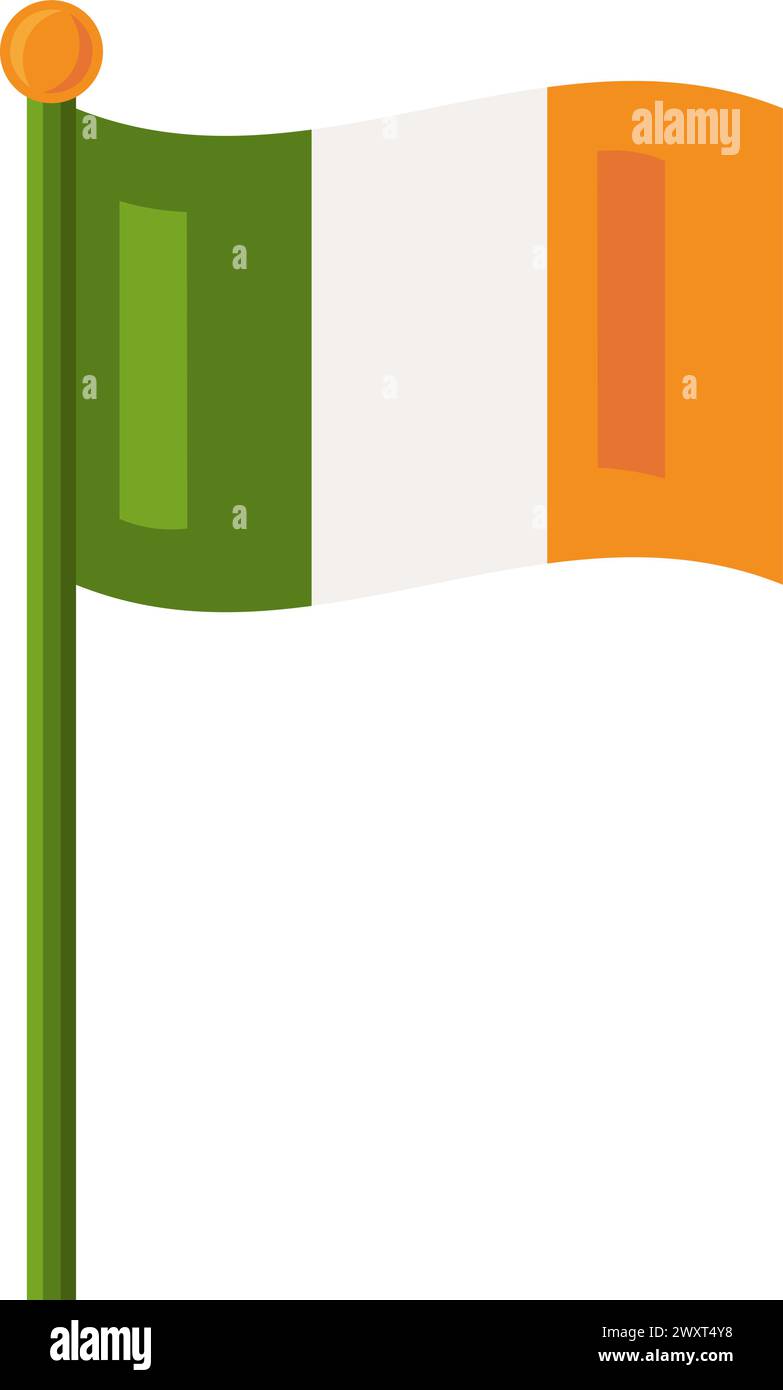 Irische Flagge flattert im Wind. Irland-Banner auf Fahnenmast für die Dekoration der Frühlingsferien, Happy Patrick Party Element. Einfacher Karikaturvektor isoliert o Stock Vektor