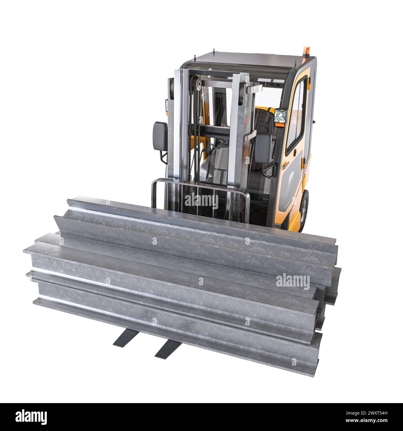 3D-gerendertes Bild eines Gabelstaplers, der zum Bewegen schwerer Stahlträger vorbereitet ist Stockfoto