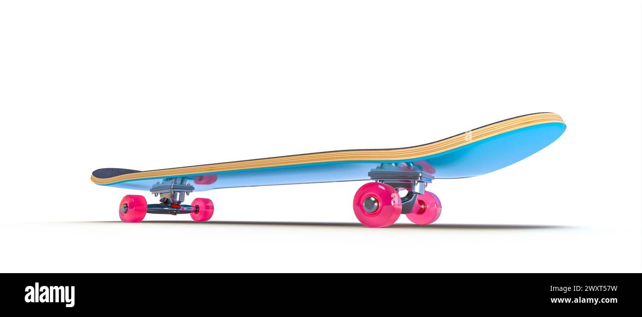 Lebendiges Skateboard mit blauem Deck und rosafarbenen Rädern auf weiß. 3D-Rendering Stockfoto