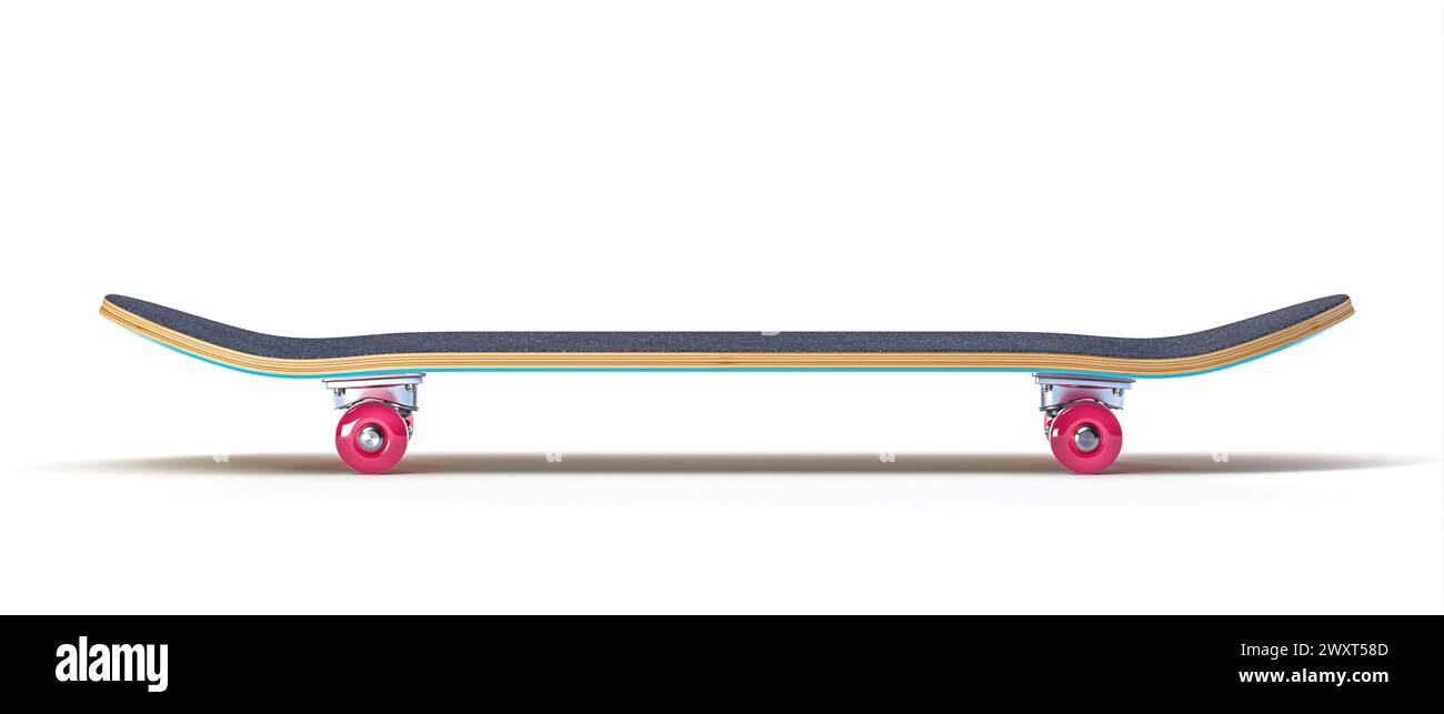 Seitenansicht eines farbenfrohen Skateboards mit roten Rädern. 3D-Rendering Stockfoto