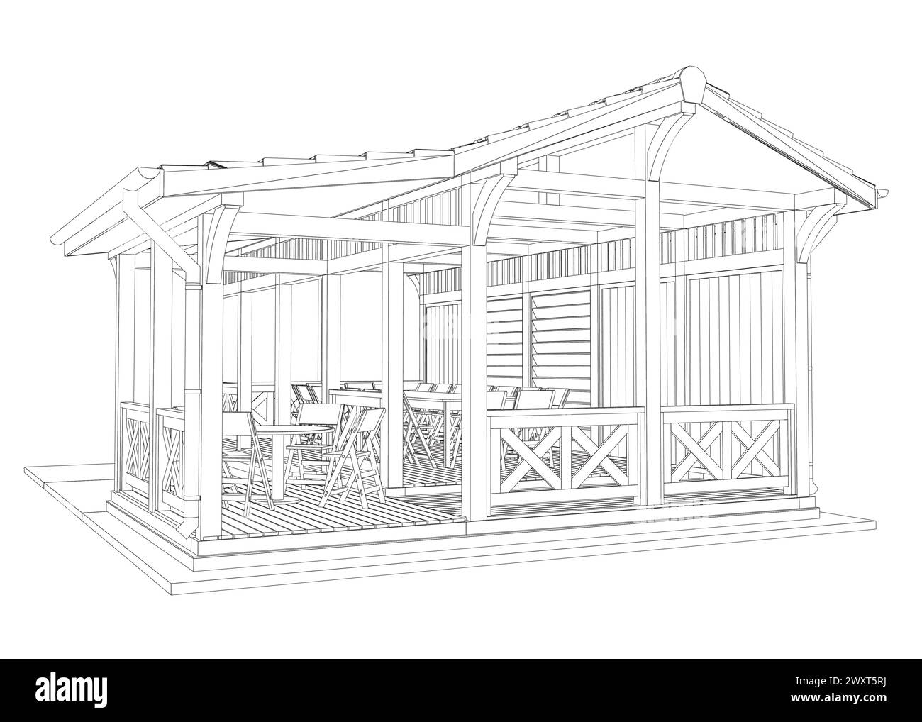 Umriss des Pavillons. Lineare Silhouette mit schwarzer Kontur. Isometrische Ansicht. Kontur eines Sommerhauses mit Bänken, Tisch und Dach. Vektorabbildung. 3D. Stock Vektor