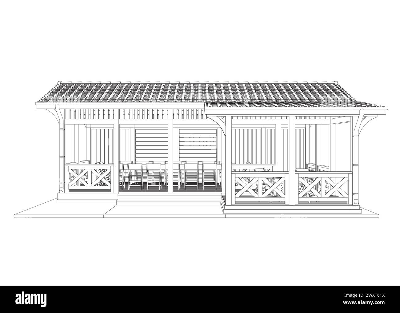 Umriss des Pavillons. Lineare Silhouette mit schwarzer Kontur. Isometrische Ansicht. Kontur eines Sommerhauses mit Bänken, Tisch und Dach. Vektorabbildung. 3D. S Stock Vektor