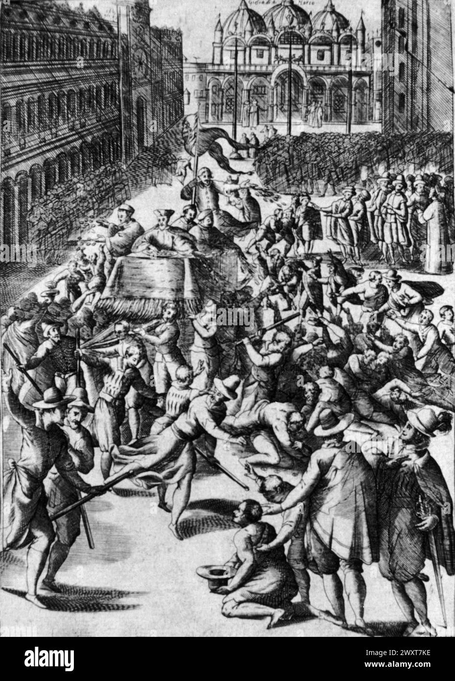 Almosenverteilung an die Armen während der Feiertage, Venedig, Italien 1609, Illustration Stockfoto