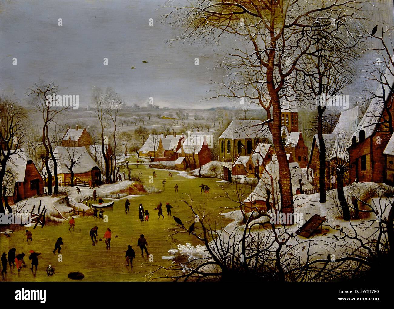 Winterlandschaft mit Vogelperspektive und der Flug nach Ägypten durch Pieter (II) Brueghel 1622 Museum Mayer van den Bergh, Antwerpen, Belgien, Belgien.(eine der ältesten Exemplare nach dem Original von Pieter Bruegel I, datiert 1565, in Brüssel, K.M.S.K. (ex-beauftragt Delporte). Ausnahmsweise ist diese Antwort eine Gruppe der flüchtigen H.Familie. Diese Zahlen fehlen auch im Original. In dem bedrohlichen Vogelgezwitscher wollten die Menschen eine Anspielung auf die Katastrophen sehen, die die spanische Herrschaft über die Niederlande gebracht hat. Stockfoto