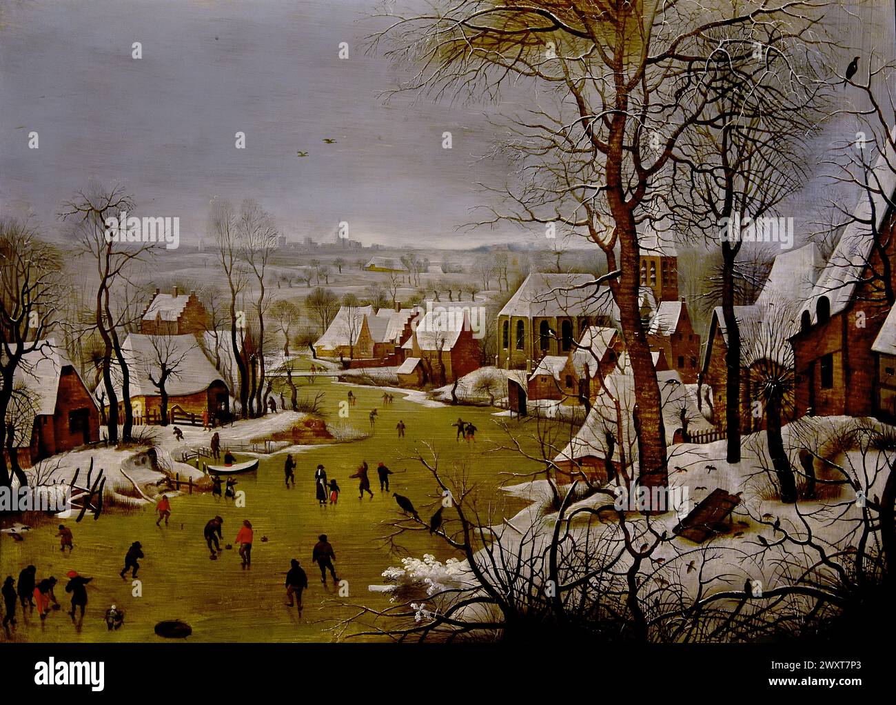 Winterlandschaft mit Vogelperspektive und der Flug nach Ägypten durch Pieter (II) Brueghel 1622 Museum Mayer van den Bergh, Antwerpen, Belgien, Belgien.(eine der ältesten Exemplare nach dem Original von Pieter Bruegel I, datiert 1565, in Brüssel, K.M.S.K. (ex-beauftragt Delporte). Ausnahmsweise ist diese Antwort eine Gruppe der flüchtigen H.Familie. Diese Zahlen fehlen auch im Original. In dem bedrohlichen Vogelgezwitscher wollten die Menschen eine Anspielung auf die Katastrophen sehen, die die spanische Herrschaft über die Niederlande gebracht hat. Stockfoto