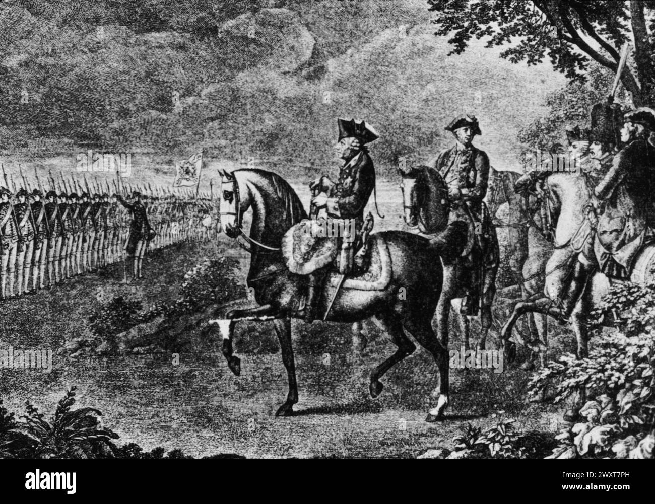 Friedrich II. Der große von Preußen berichtet über seine Truppen in Postdam, Stich von Daniel Chodowiecki, 18. Jahrhundert Stockfoto