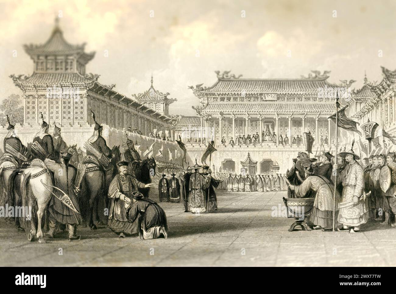 Der Kaiser Taou-kwang überblickt seine Garde, Palast von Peking / Peking China / gezeichnet von T. Allom graviert von J.B.Allen Stockfoto Der Kaiser Taou-kwang überblickt seine Garde, Palast von Peking / Peking China / gezeichnet von T. Allom graviert von J.B.Allen Stockfoto