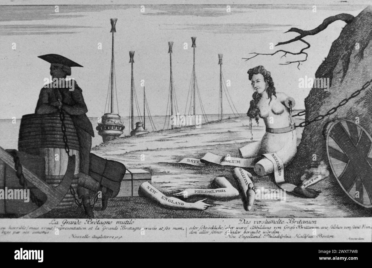 Großbritannien verstümmelt nach der Unabhängigkeit der nordamerikanischen Kolonien, Comic Illustration, England 1783 Stockfoto