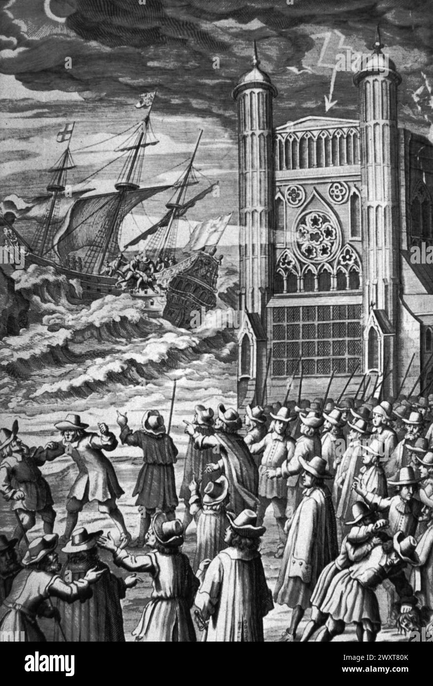 Allegorische Darstellung des Chaos, das aus der Hinrichtung von König Karl I. resultierte, Illustration, England 17. Jahrhundert Stockfoto
