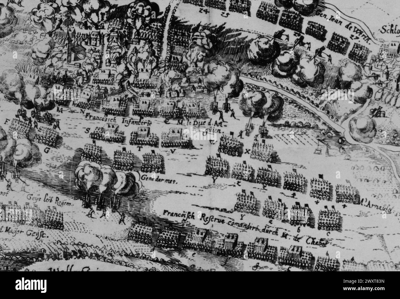 Der Dreißigjährige Krieg: Detail einer Schlacht zwischen Bayern und Franzosen, Gravur, 17. Jahrhundert Stockfoto