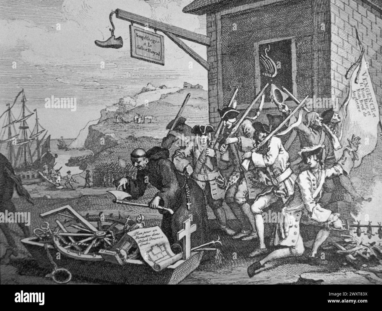 The Sieben Years’ war: Antifranzösischer Zeichentrick des englischen Malers William Hogarth, Illustration 1756 Stockfoto