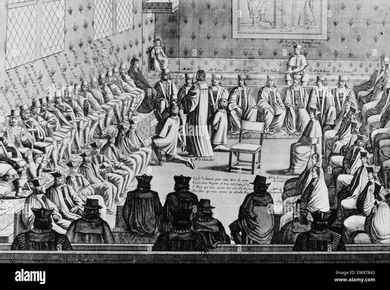 König Ludwig XIV. Von Frankreich erster Auftritt vor dem Parlement in einem lit de Justice, Stich, 17. Jahrhundert Stockfoto