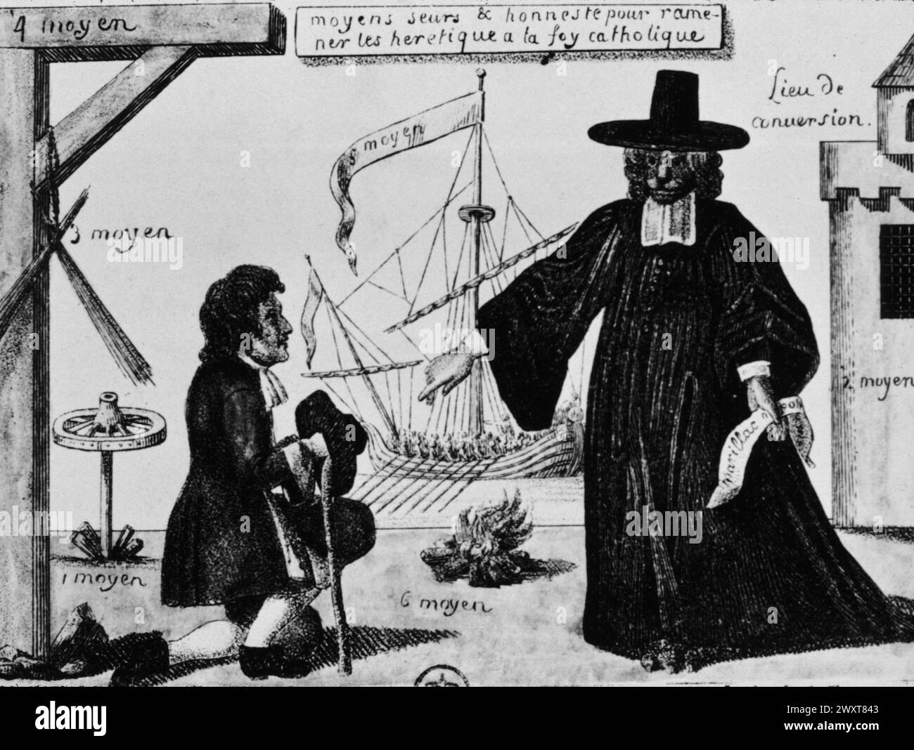 Sichere und ehrliche Methoden, um Ketzer zurück zum katholischen Glauben zu führen, Anti-Hugenotten-Zeichentrickfilm, Frankreich 17. Jahrhundert Stockfoto