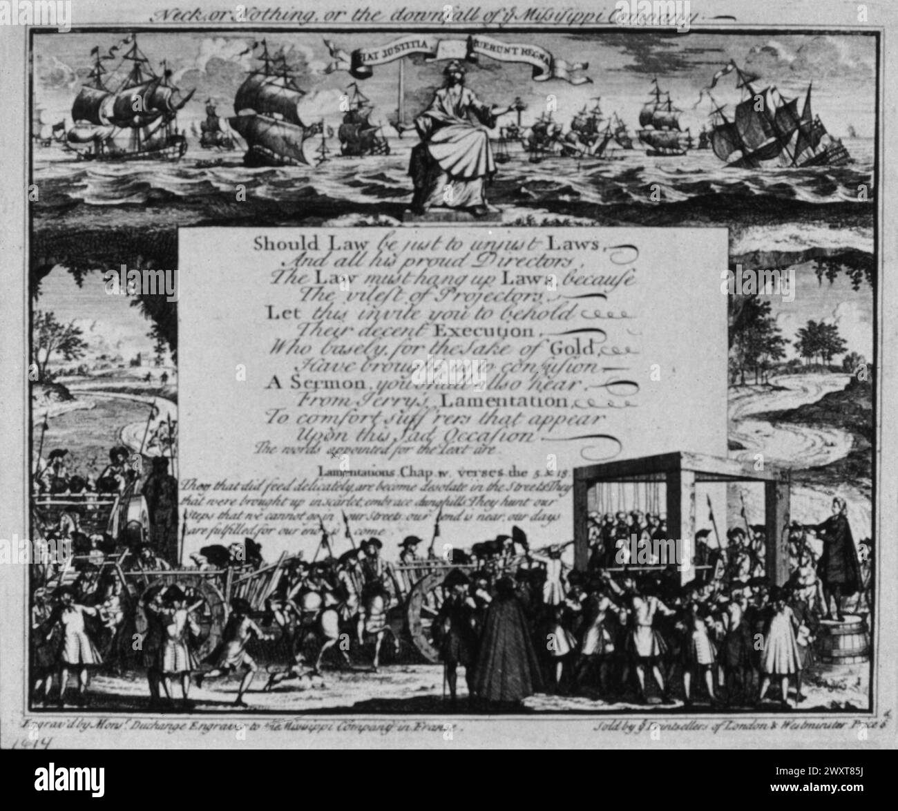 The Mississippi Bubble, Gedicht, das die Hinrichtung von John Law fordert, Illustration 18. Jahrhundert Stockfoto