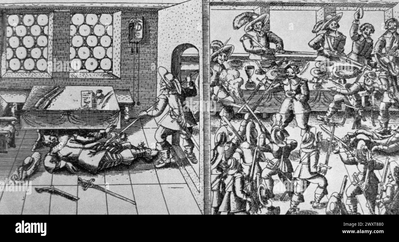Die Ermordung Wallensteins, Stich von Matthew Merian, 17. Jahrhundert Stockfoto