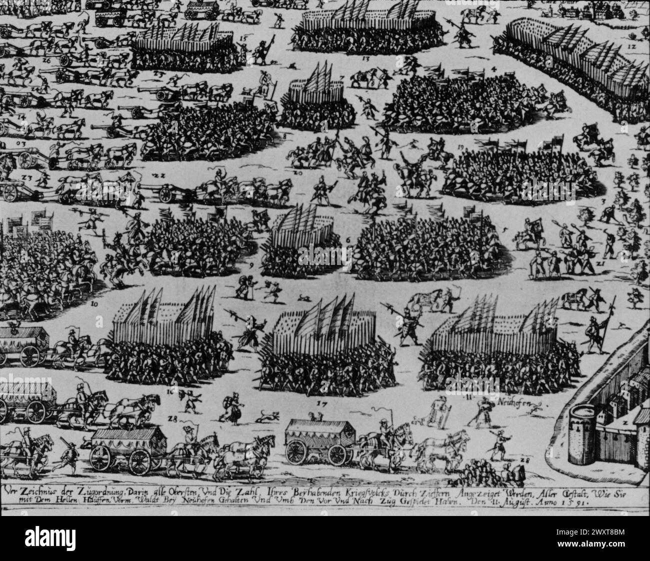 Habsburgertruppenmassen vor Neuhofen, Österreich, Illustration, 1591 Stockfoto